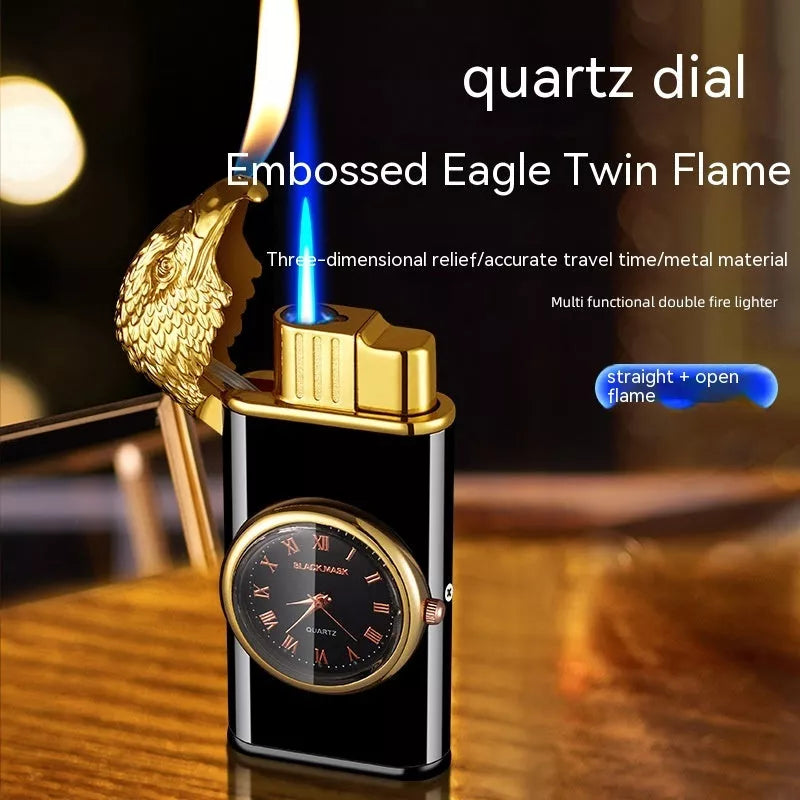 Eagle Head Double Fire Gas Lighter with watch plate design in Black Ice finish