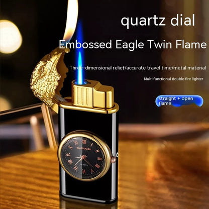 Eagle Head Double Fire Gas Lighter with watch plate design in Black Ice finish