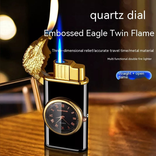 Eagle Head Double Fire Gas Lighter with watch plate design in Black Ice finish