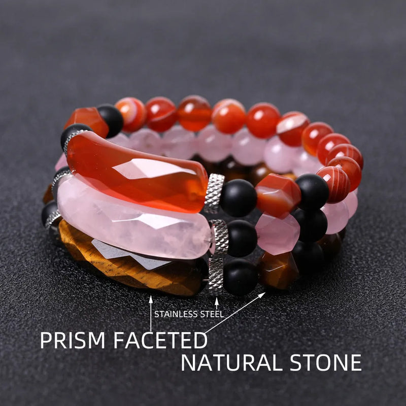 Black Agate Diamond-Shaped Cut Bracelet For Women And Men Handmade Geometric Beaded Bracelet With Fan-Shaped Elements In Multiple Gemstone Colour Options Including Black Agate Red Agate Topaz Opal And Tiger's Eye