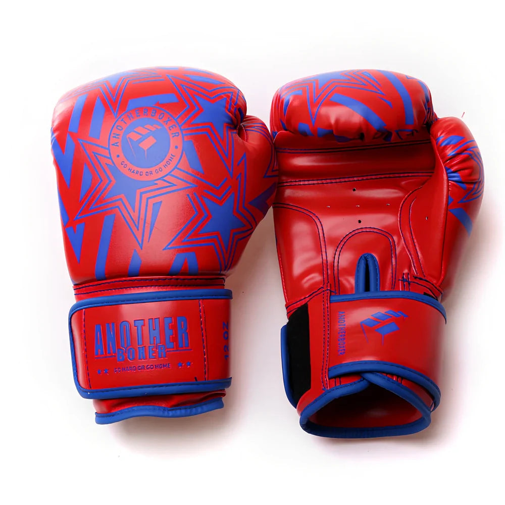 Pair of 10oz Sanda children boxing gloves in blue red type A, PU material with vertical style padding