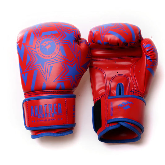 Pair of 10oz Sanda children boxing gloves in blue red type A, PU material with vertical style padding