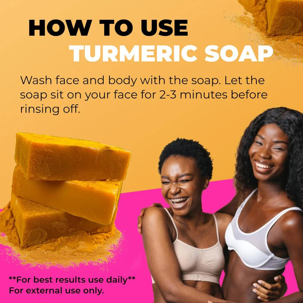 Natural Turmeric Kojic Soap for brightening and moisturizing skin, handmade with natural ingredients.