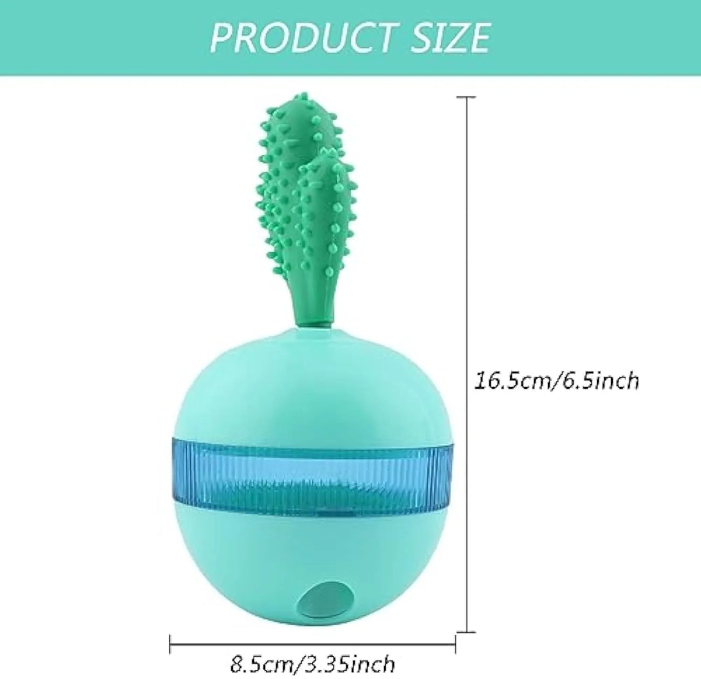 Blue interactive dog toy with tumbler design and treat dispensing holes, measuring 8.8cm for medium to large dogs