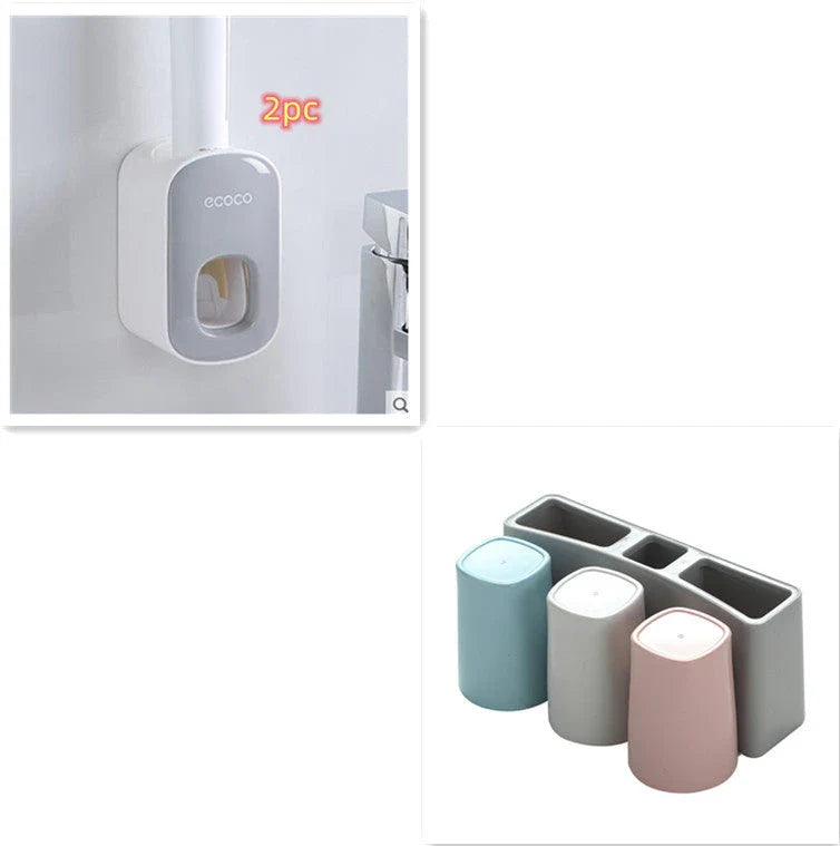 Wall-mounted automatic toothpaste dispenser with toothbrush holder and storage organizer, available in black and grey colors
