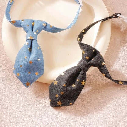 Designer dog collar with long tie and golden star, adjustable S 14-20cm or M 19-32cm, black or blue