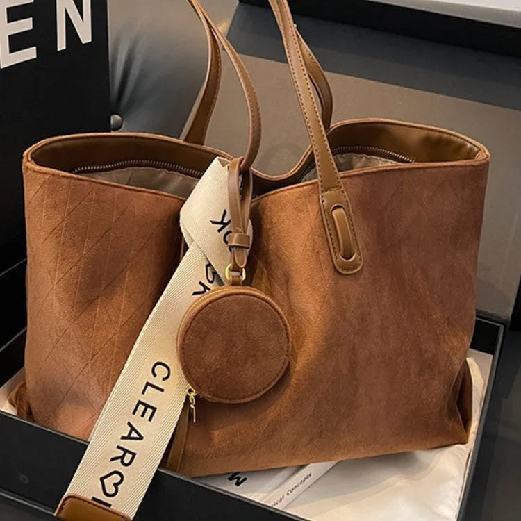 Large soft polyester casual tote shoulder bag in a horizontal square shape with sandwich pockets.