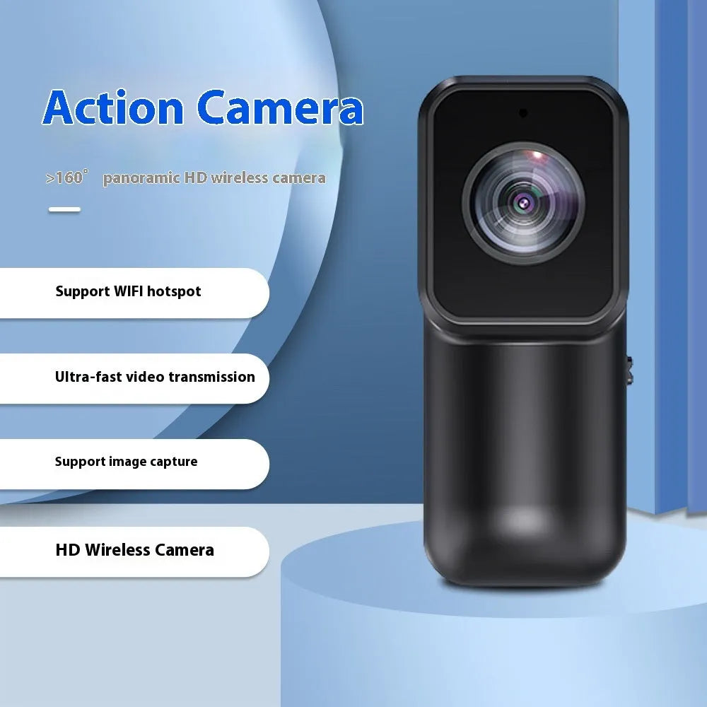 Black mini WiFi sports camera recorder 61.5x27x27mm with wristband riding bracket, cycling bracket, back clip, and pet strap.