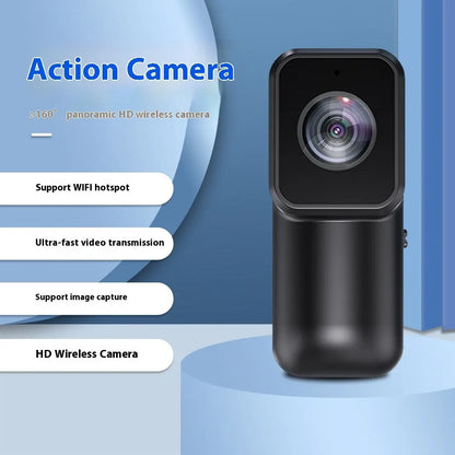 Black mini WiFi sports camera recorder 61.5x27x27mm with wristband riding bracket, cycling bracket, back clip, and pet strap.