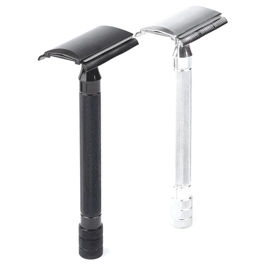 Traditional manual pogonotomy metal scraper shaving tool with brush in black and silver finish options.