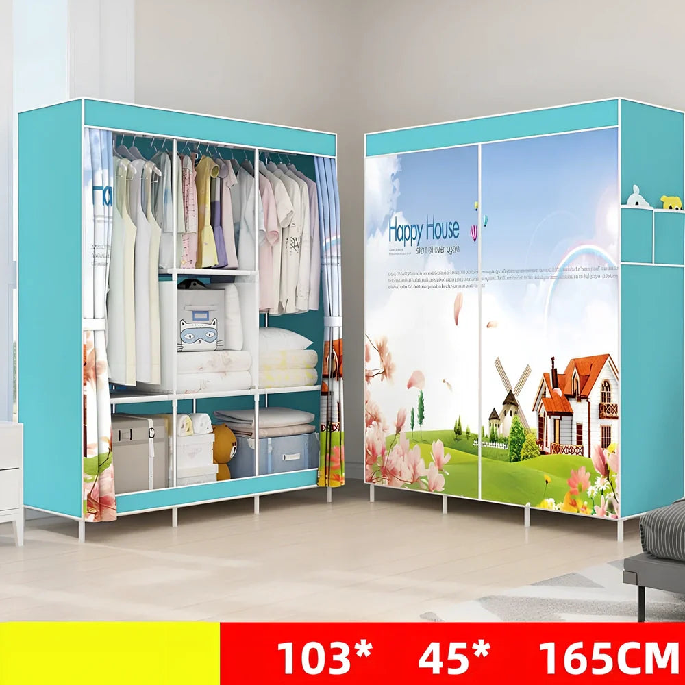Single dormitory wardrobe with steel frame and fabric enclosure measuring 70×45×150cm