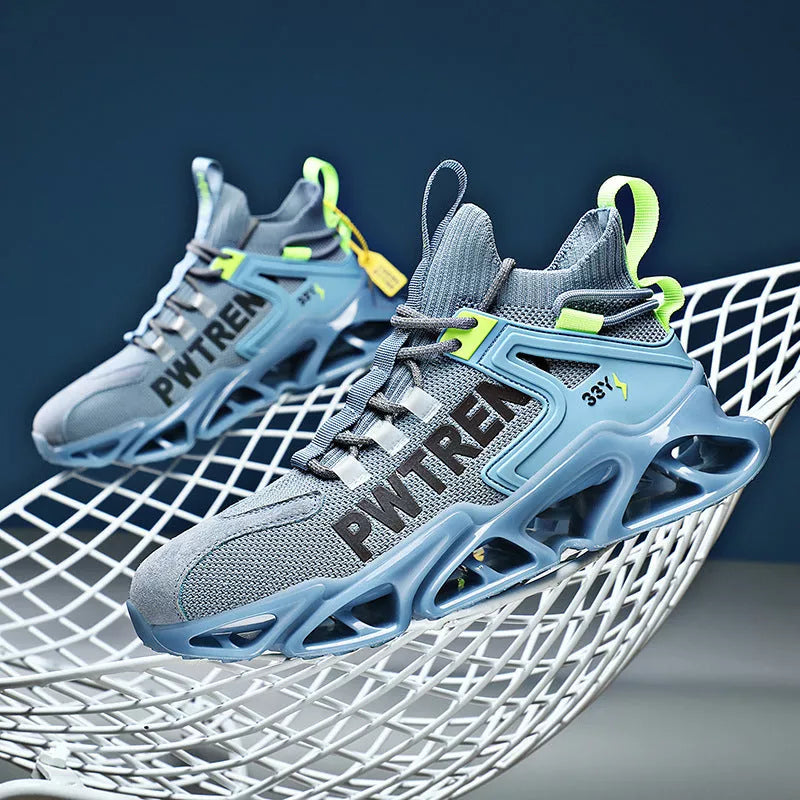 Shock-absorbing flying woven sports shoes in black, yellow, orange, and blue