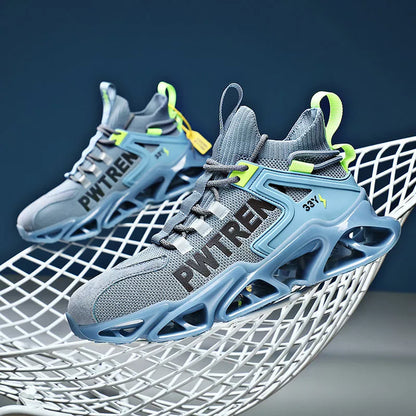 Shock-absorbing flying woven sports shoes in black, yellow, orange, and blue
