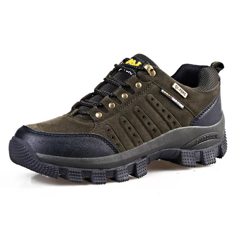 Men's and women's large size non-slip hiking shoes in Khaki/Yellow, Dark Green/Yellow, and Brown/Orange