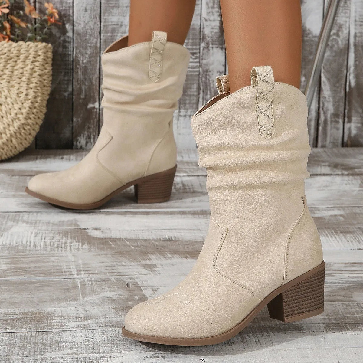 Women's mid-calf suede boots with leather stitching, 3-5cm short stout heel, in milky white or lotus root colour, sizes 36-42