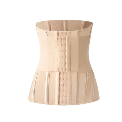 Black belly band waist trainer with adjustable tie on mannequin, showing nylon fabric construction