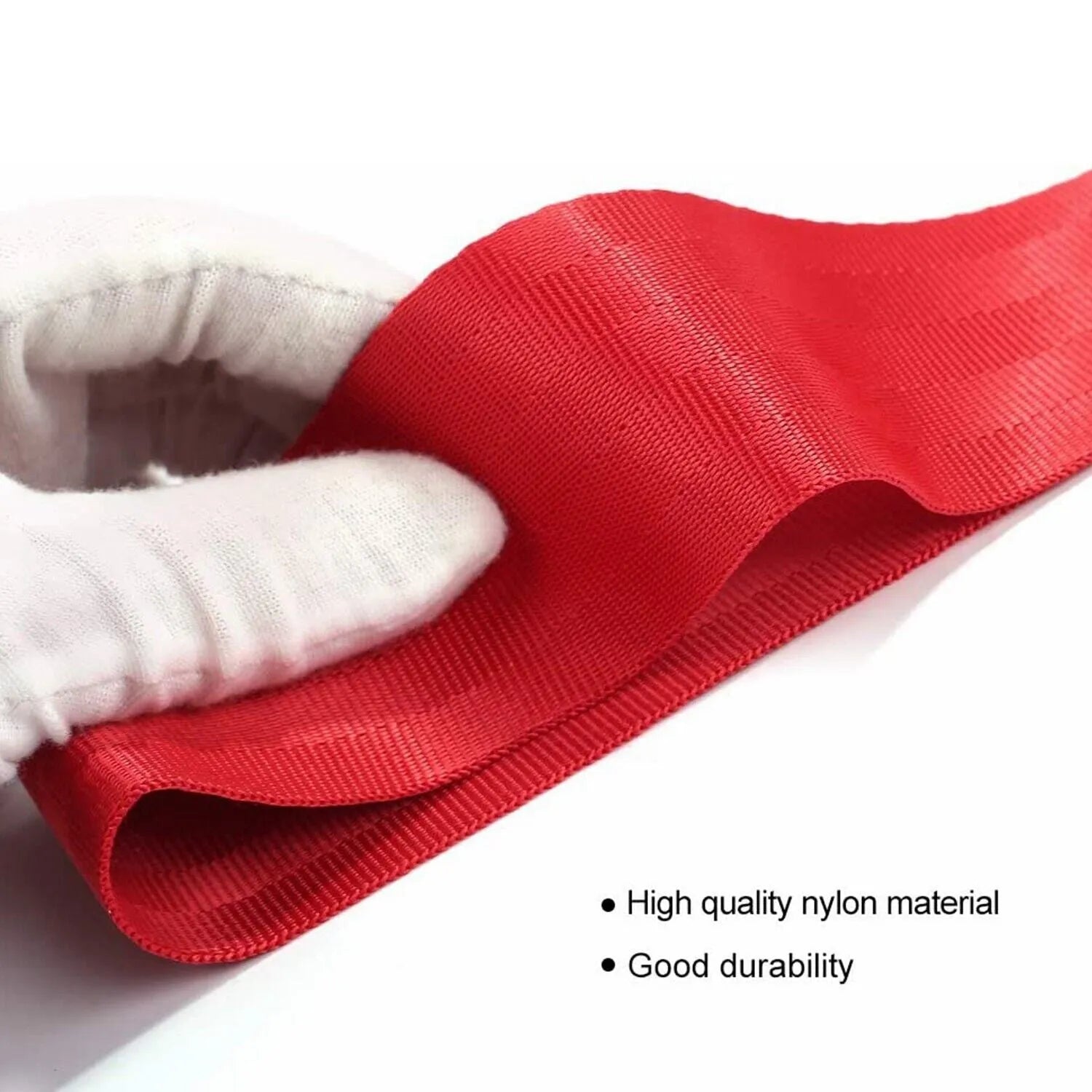 Red automotive trailer rope with bumper ribbon for vehicle towing