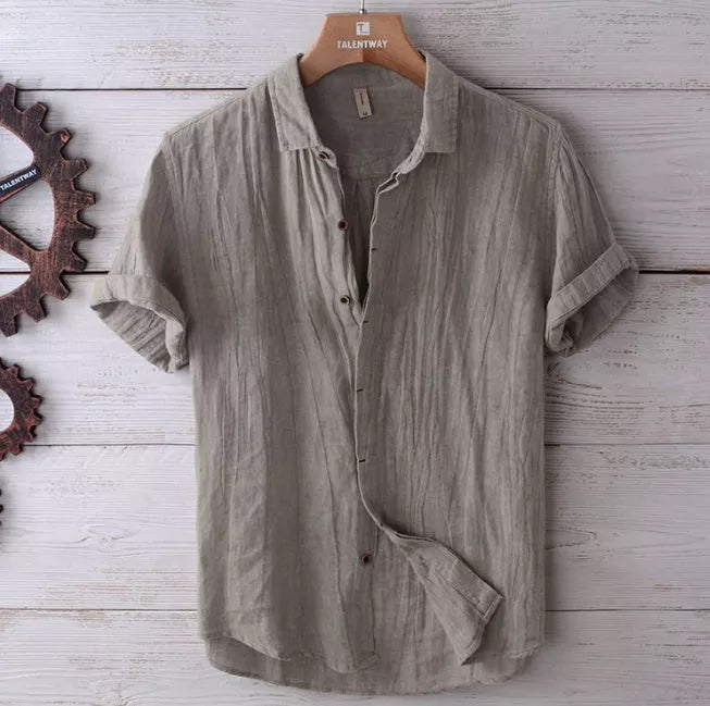 Men's solid color retro distressed linen shirt in white, blue, and gray