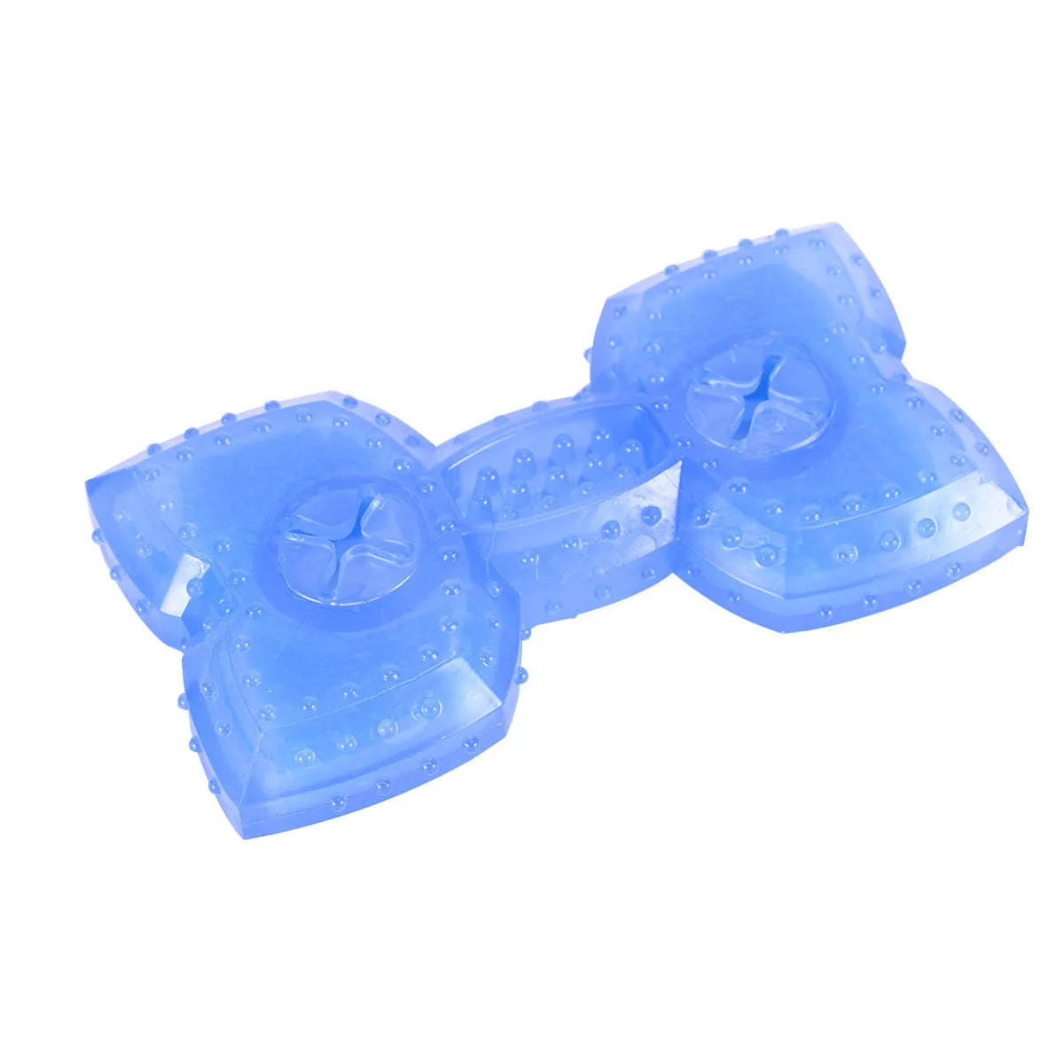 Blue bone-shaped dog teething toy with cooling function and treat compartment for puppies