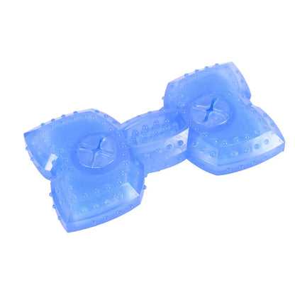 Blue bone-shaped dog teething toy with cooling function and treat compartment for puppies