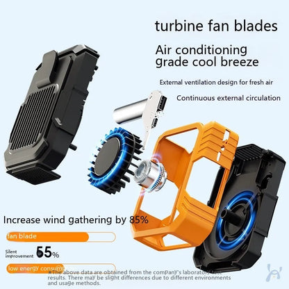 Green wrist hanging fan with light and USB power bank on a person's arm, showing three speed buttons.