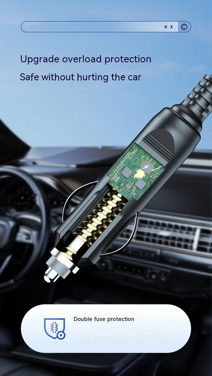 Handheld wireless car tyre inflator and vacuum cleaner with digital display on a black background.