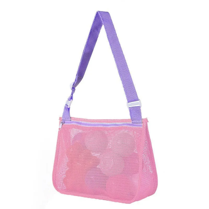 Blue children's travel storage organiser bag with nylon mesh construction and shoulder strap