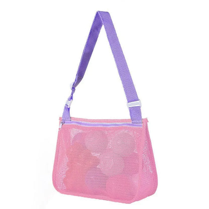Blue children's travel storage organiser bag with nylon mesh construction and shoulder strap
