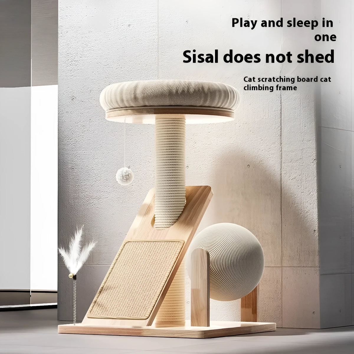 Jute-coloured cat climbing frame with sisal scratching posts, platforms, and small dangling toys.