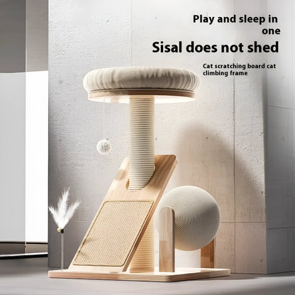 Jute-coloured cat climbing frame with sisal scratching posts, platforms, and small dangling toys.