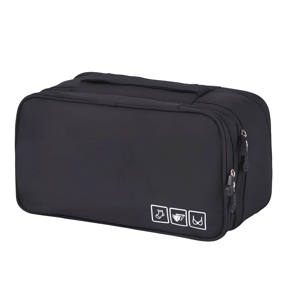 Purple cube-shaped bra storage bag with 3 internal shelves for organising underwear during travel