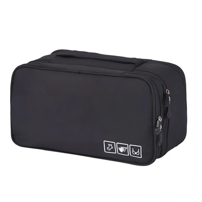 Purple cube-shaped bra storage bag with 3 internal shelves for organising underwear during travel