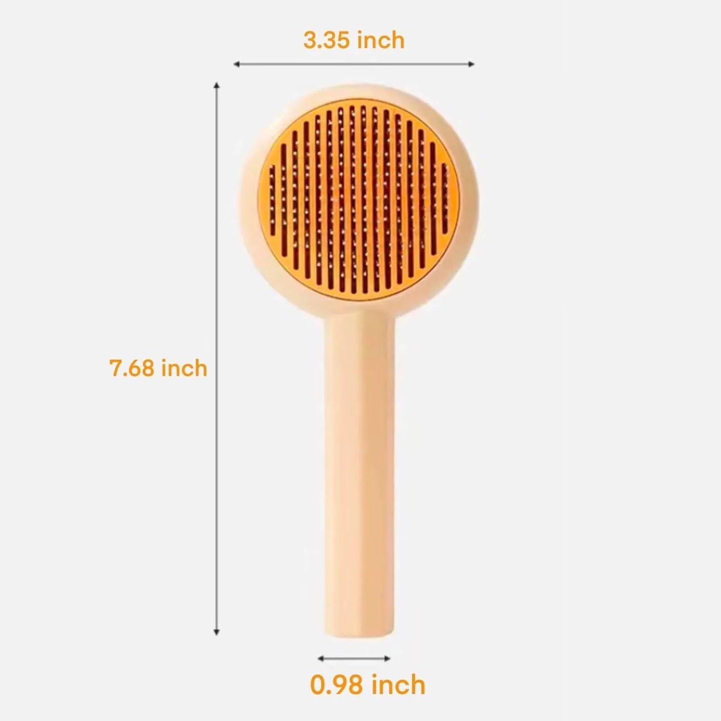 Blue and yellow self-cleaning pet grooming brush with angled metal needles and a push-button on the handle.