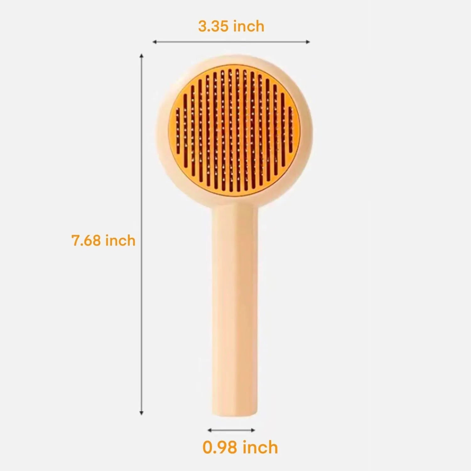 Blue and yellow self-cleaning pet grooming brush with angled metal needles and a push-button on the handle.