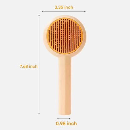 Blue and yellow self-cleaning pet grooming brush with angled metal needles and a push-button on the handle.