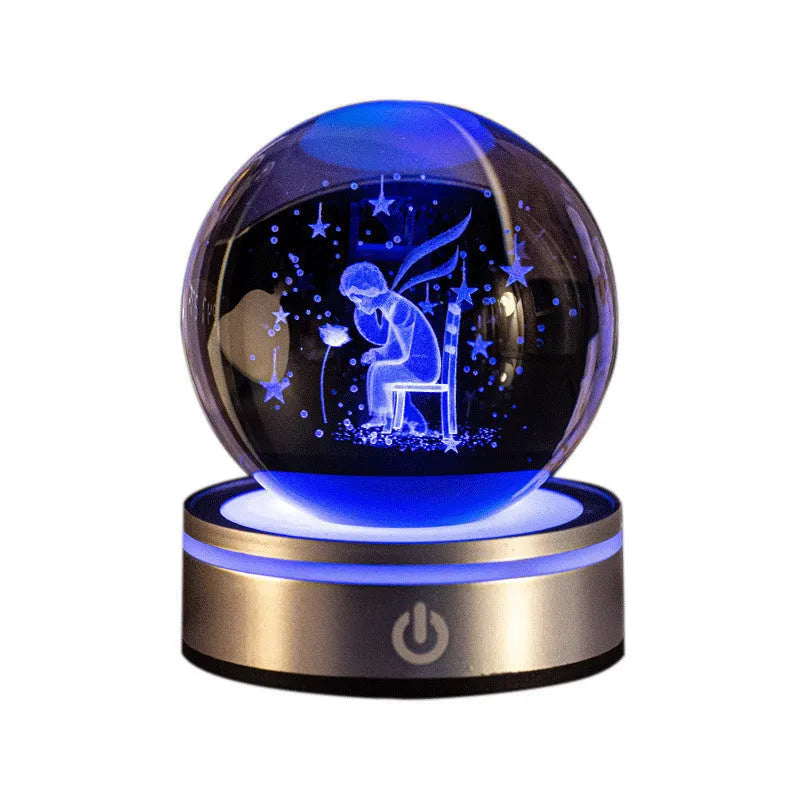 3D inner carving luminous crystal ball night lamp with 8cm white crystal and round touch USB base