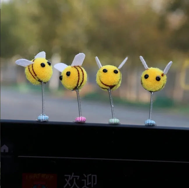 Cartoon Little Bee car decoration with swing spring, 3x3cm fur ball ornament