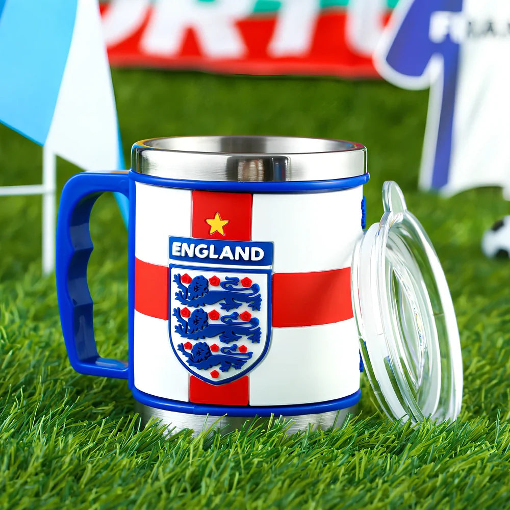 World Cup football mug in team colours with 7.6cm diameter and rubber-metal construction