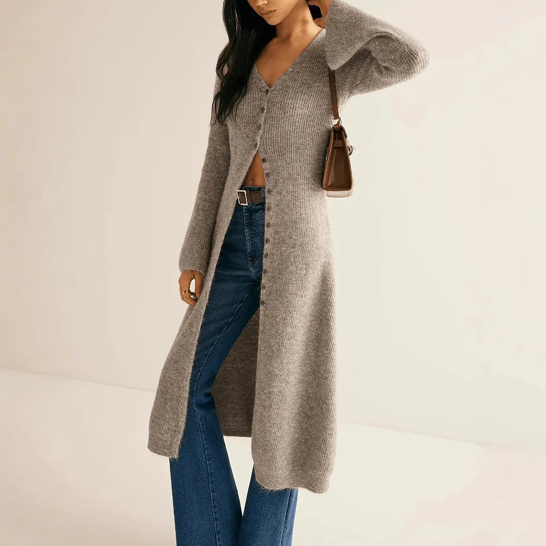 Khaki women's long sleeve cardigan coat with button front in a French retro style