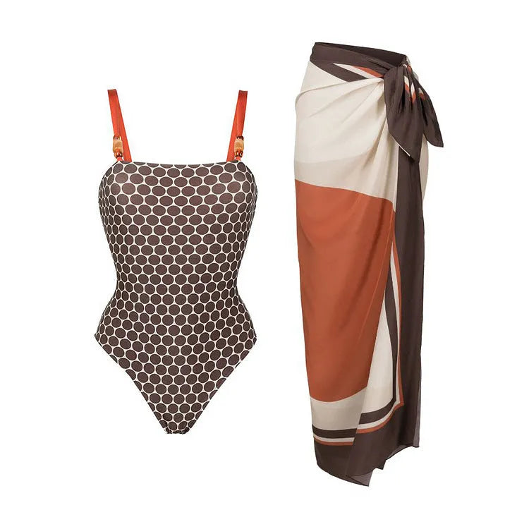 Women's one-piece swimsuit with wrap skirt in dots pattern design