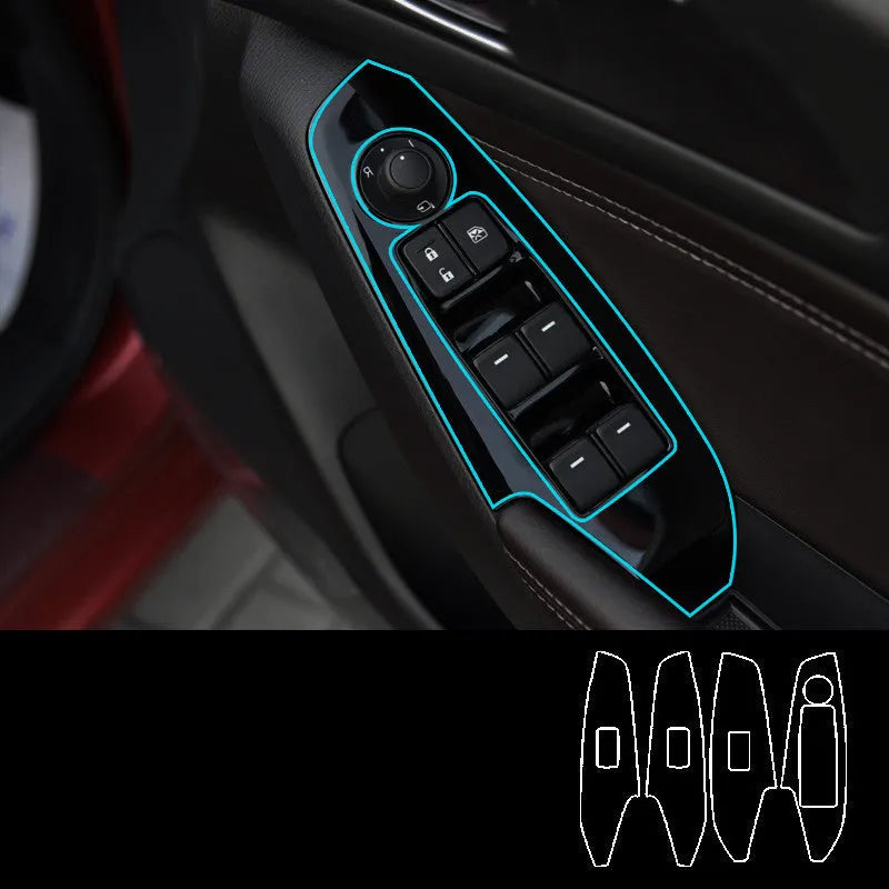 TPU protective film set for car door control panels in transparent, carbon fibre black, and matte black finishes
