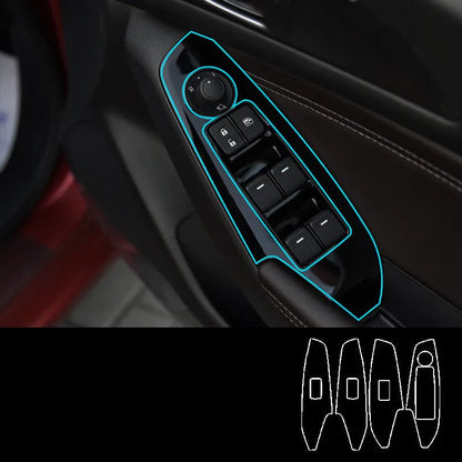 TPU protective film set for car door control panels in transparent, carbon fibre black, and matte black finishes