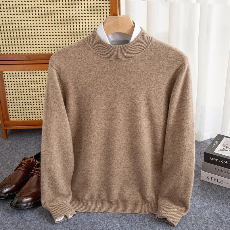Men's half-collar wool sweater in loose fit with rough yarn texture, shown in winter business style