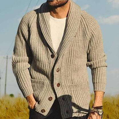 Men's knitted cardigan sweater in khaki color with button closure and pockets