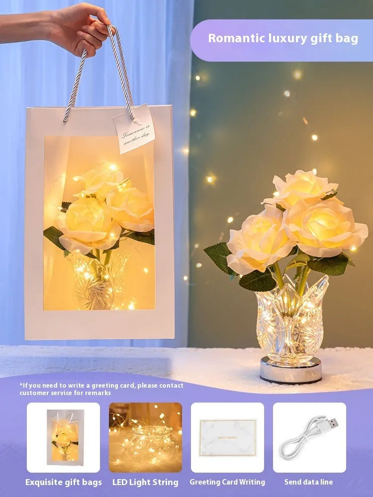 Modern crystal flowers design rechargeable touch table lamp with dimming control on a bedside table.