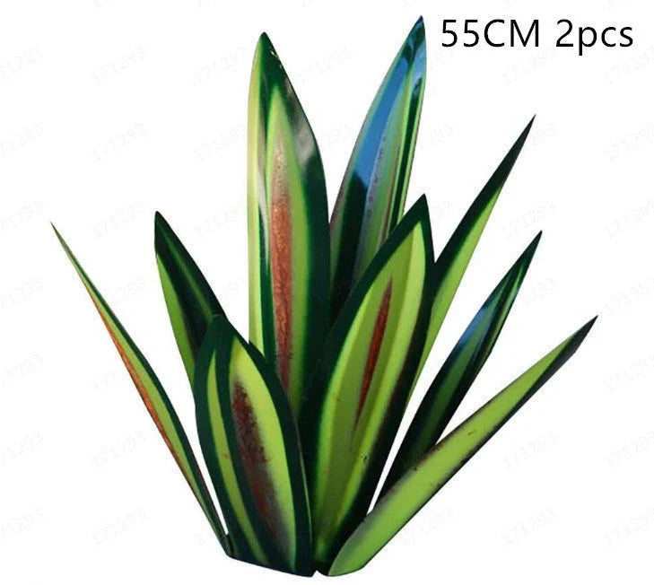 Handmade rustic tequila agave metal sculpture with blue highlights for garden or home decor