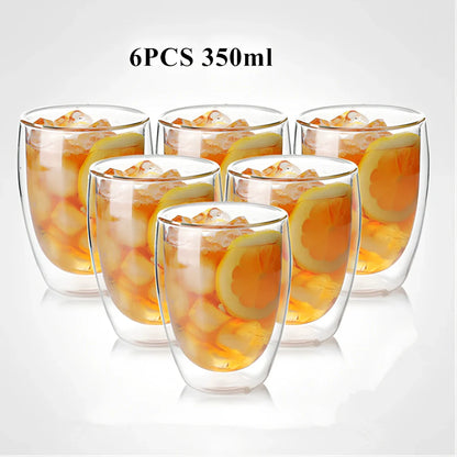 Clear double-layer glass coffee cup with Chinese-style design showing insulating air gap between walls