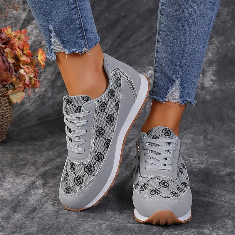 Women's flower print lace-up sneakers in grey and camel colors