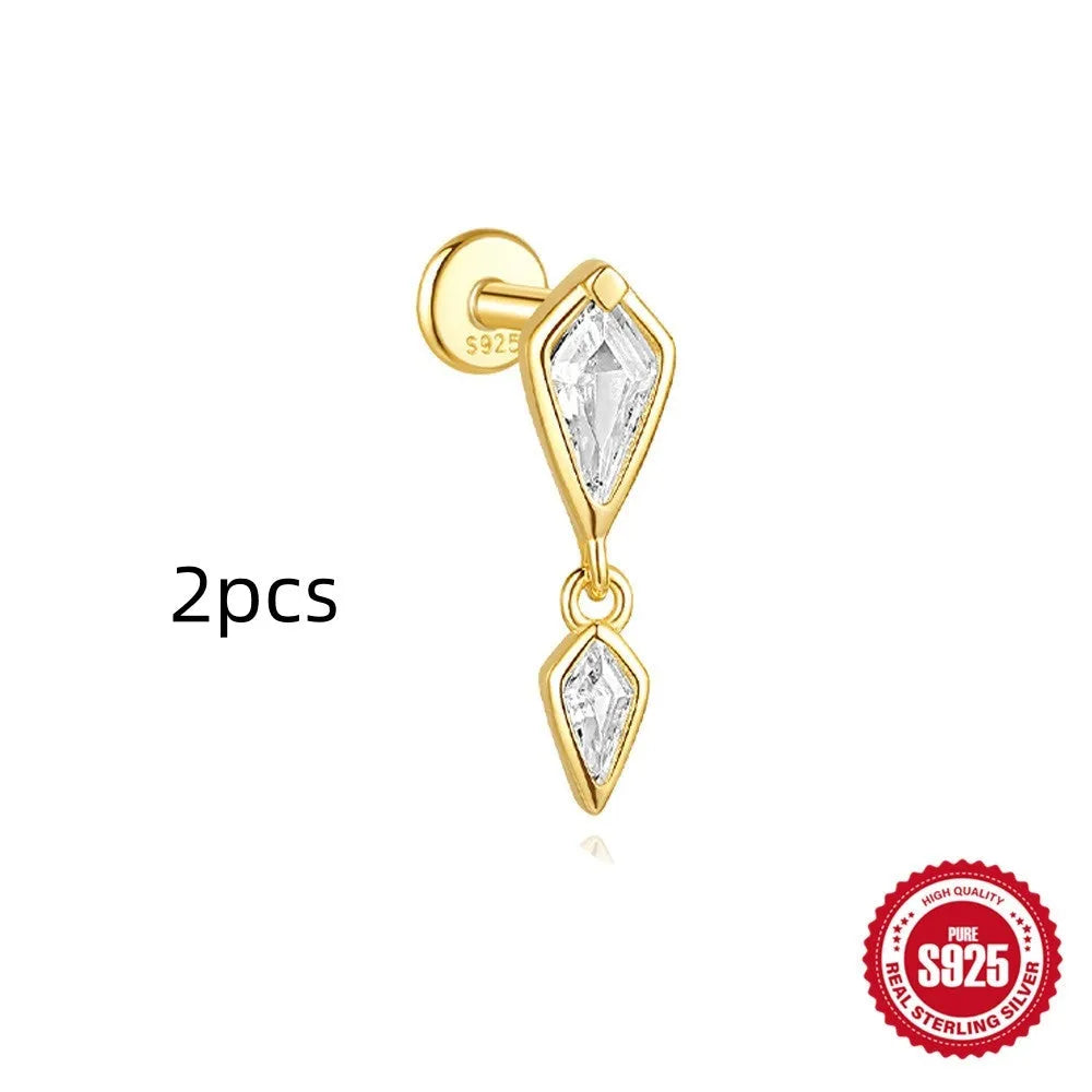 S925 sterling silver geometric kite earrings with rhinestone chain tassel in gold plating