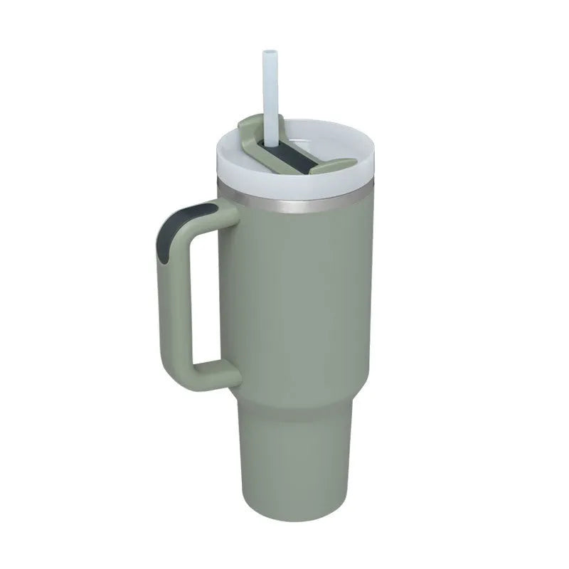 40 oz stainless steel insulated tumbler with handle and straw in tapered mug design